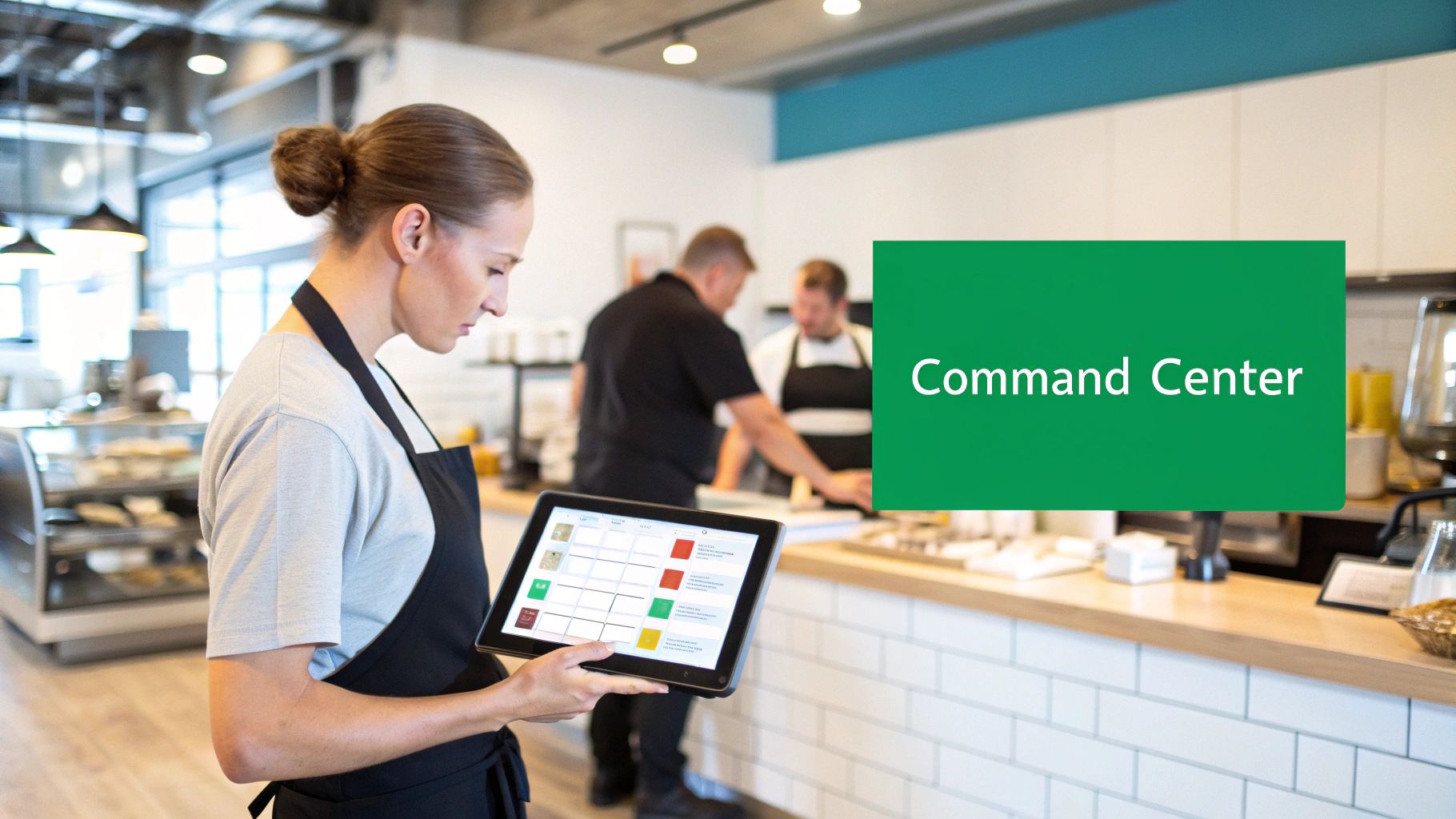 Female barista using a digital POS system on a tablet in a busy coffee shop.