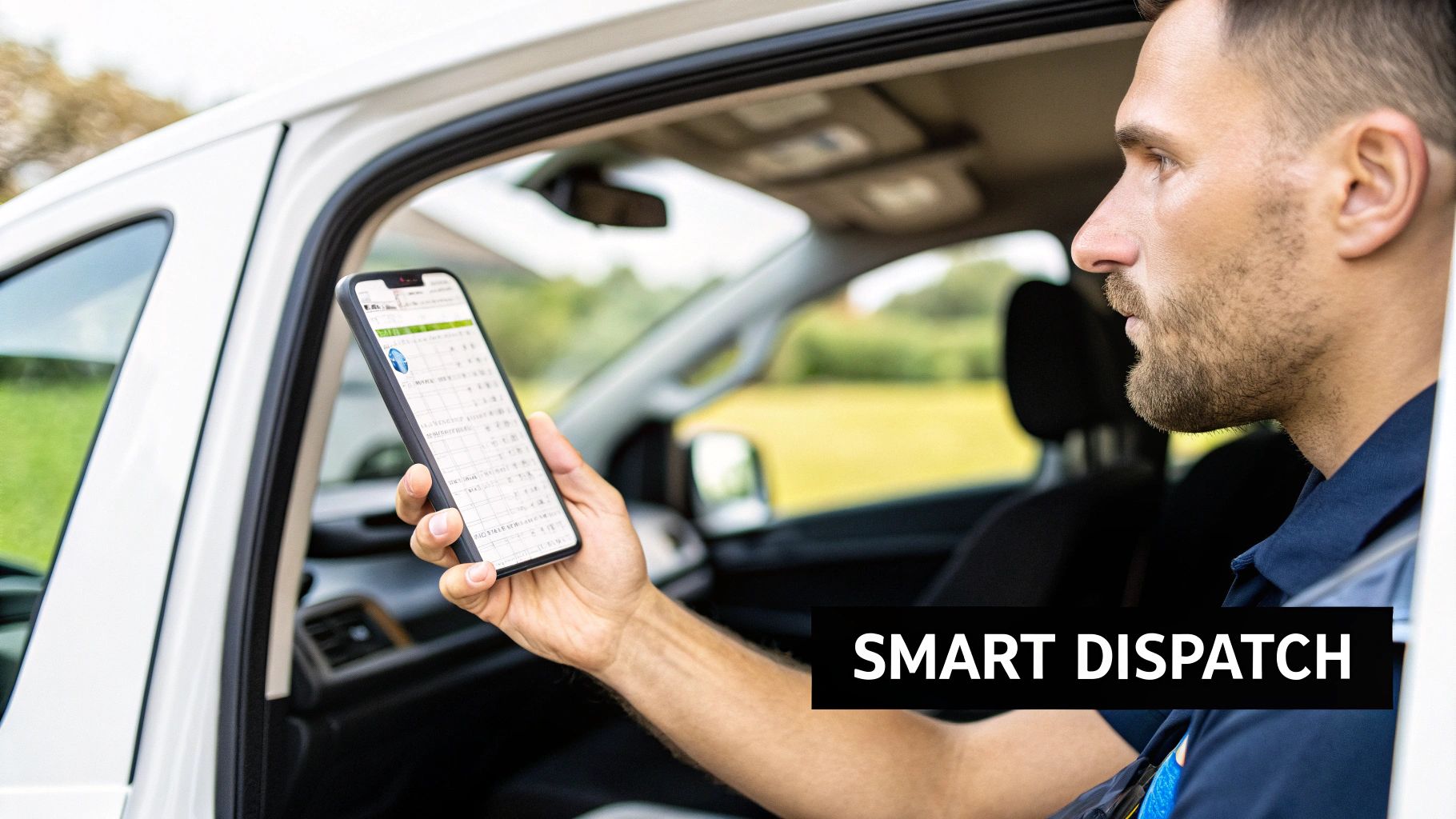 Best Field Management Software Tackon FSM in What Is Field Service Management Software? A Practical Guide 3 A man in a white vehicle looks at a smartphone displaying a 'SMART DISPATCH' application.