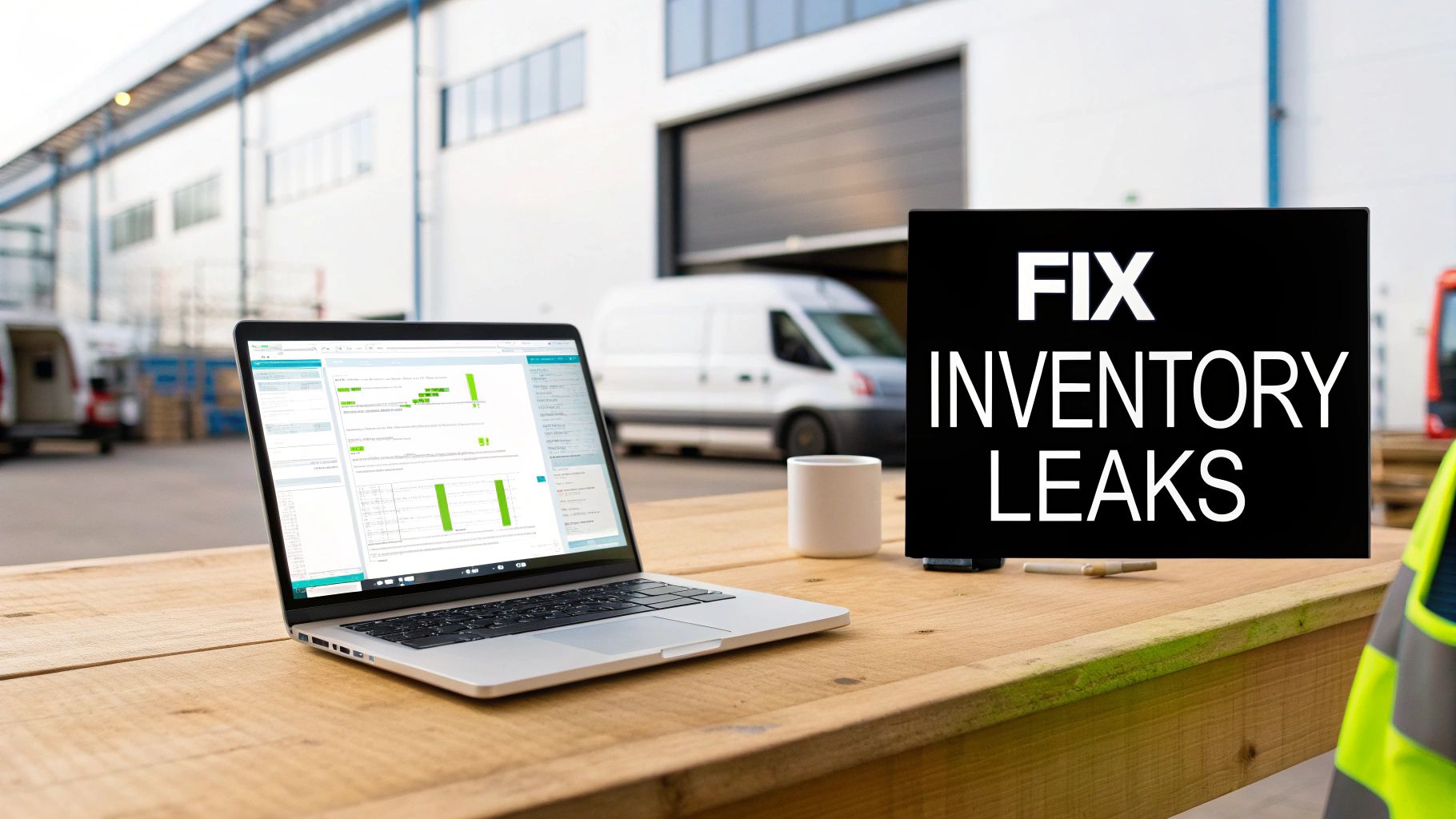 Best Field Management Software Tackon FSM in A Contractor's Guide to Construction Inventory Software 2 Laptop displaying inventory management software dashboard in warehouse with fix inventory leaks text on monitor