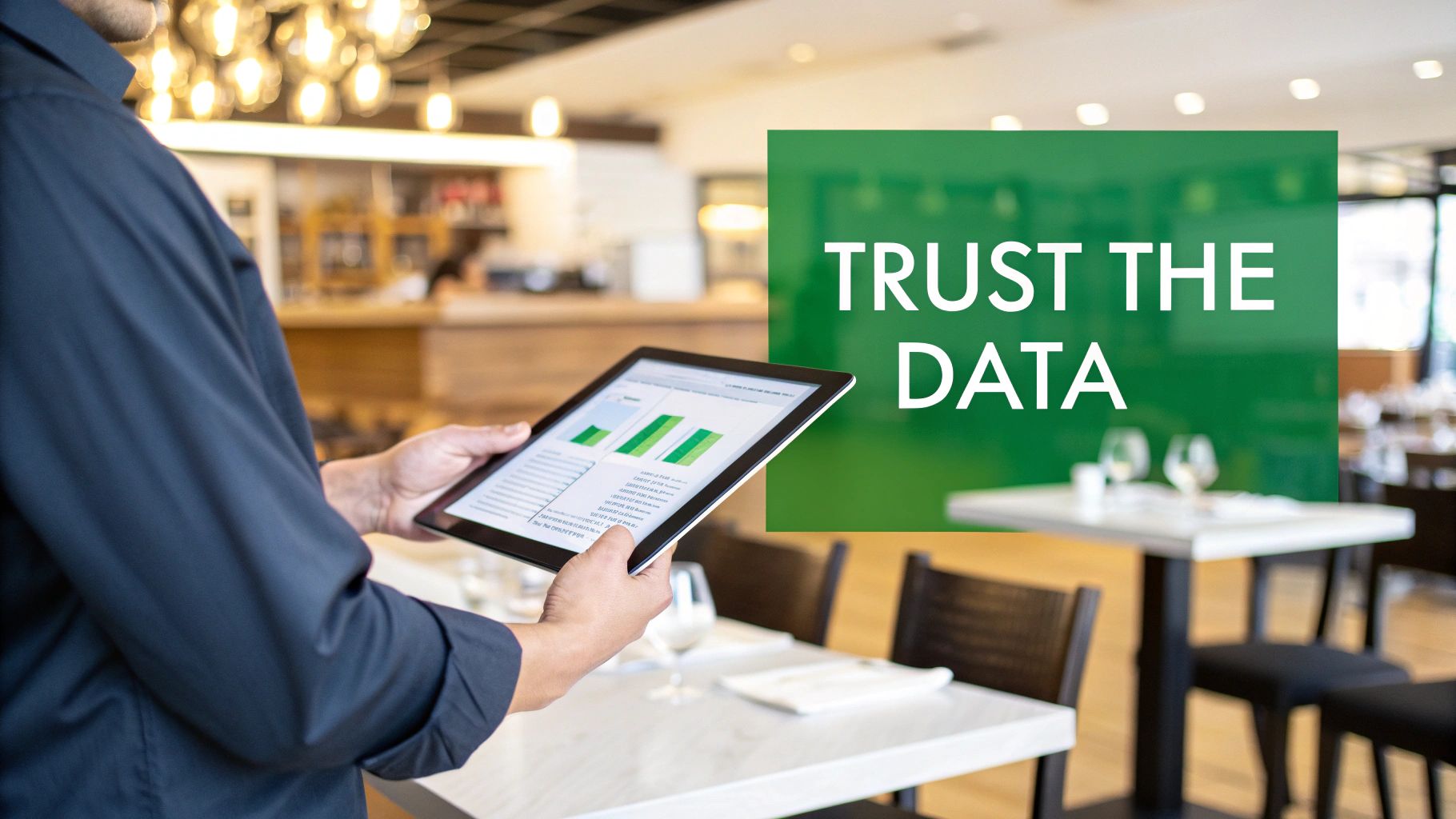 A business professional reviews data visualizations on a tablet in a modern restaurant environment with a 'TRUST THE DATA' overlay.