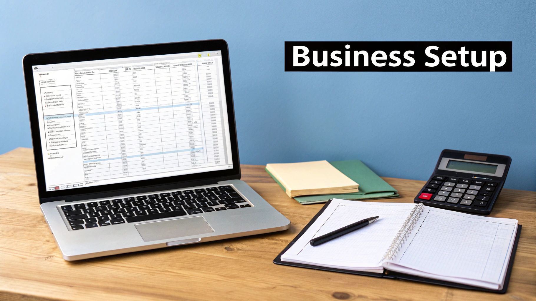 A laptop showing a spreadsheet, a calculator, and a notebook on a wooden desk, symbolizing business setup.