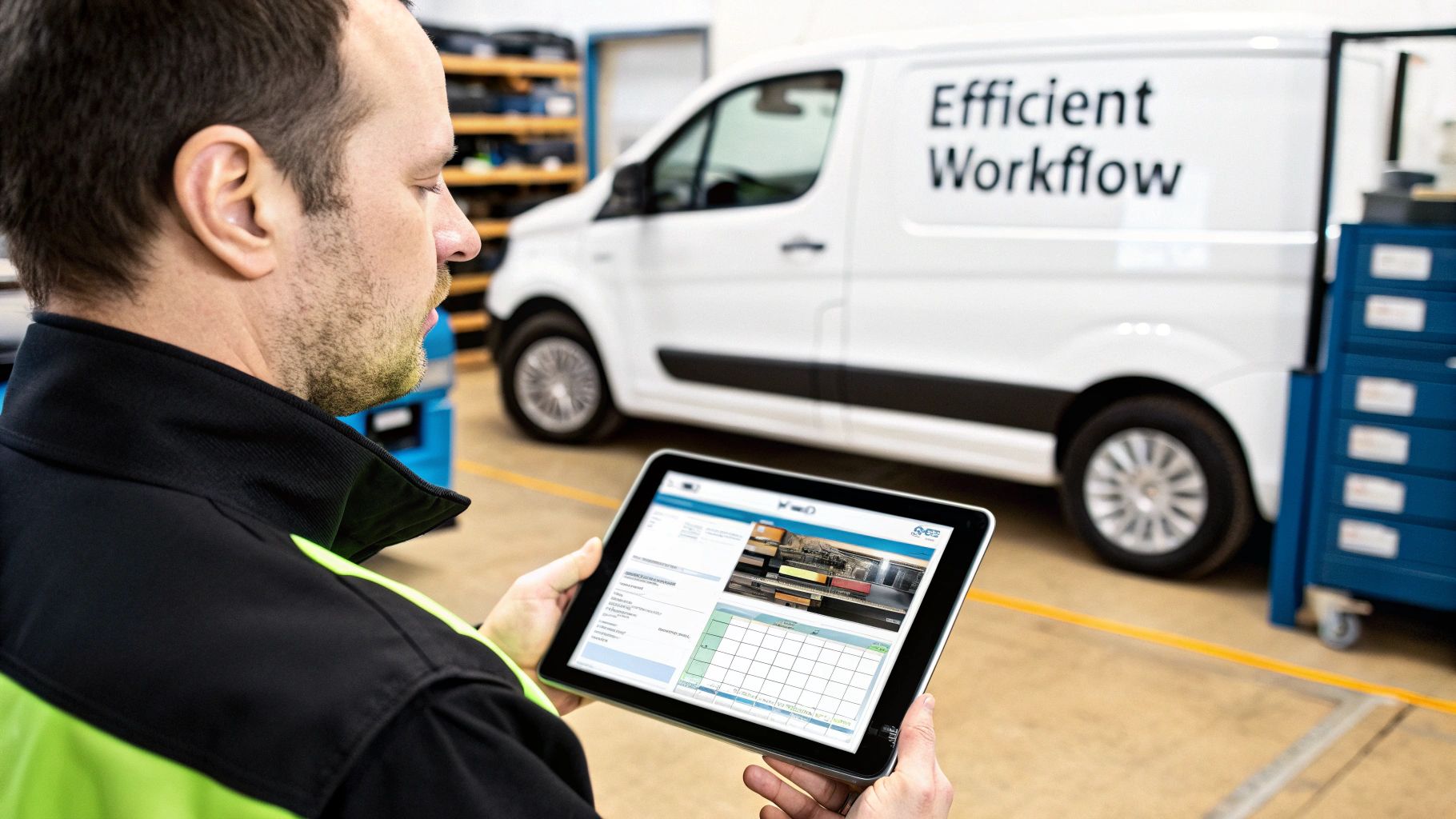 A man in work uniform uses a tablet with business software, a 'Efficient Workflow' van in the background.