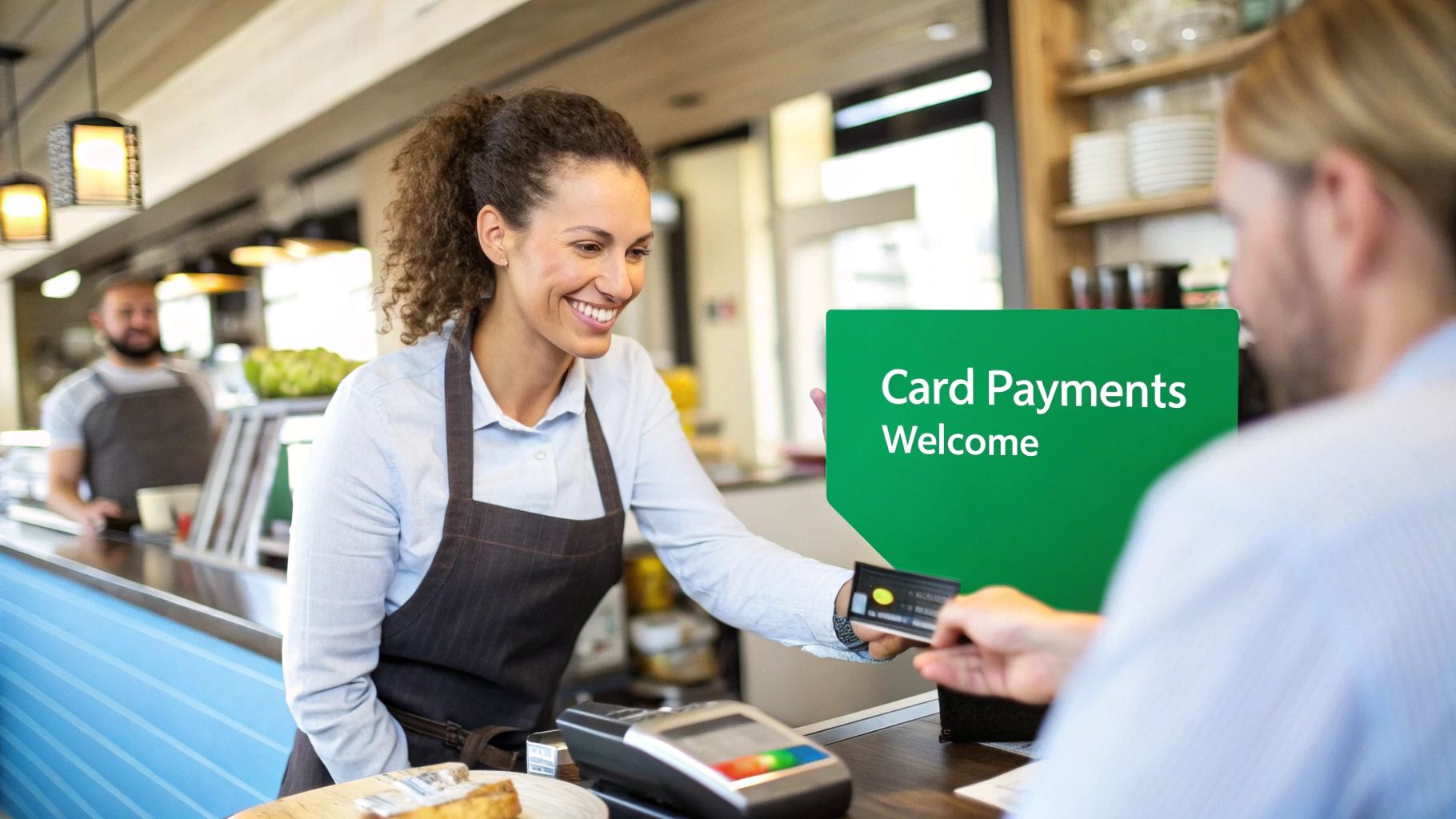 A smiling barista helps a customer make a card payment at a cafe, with a 'Card Payments Welcome' sign visible.