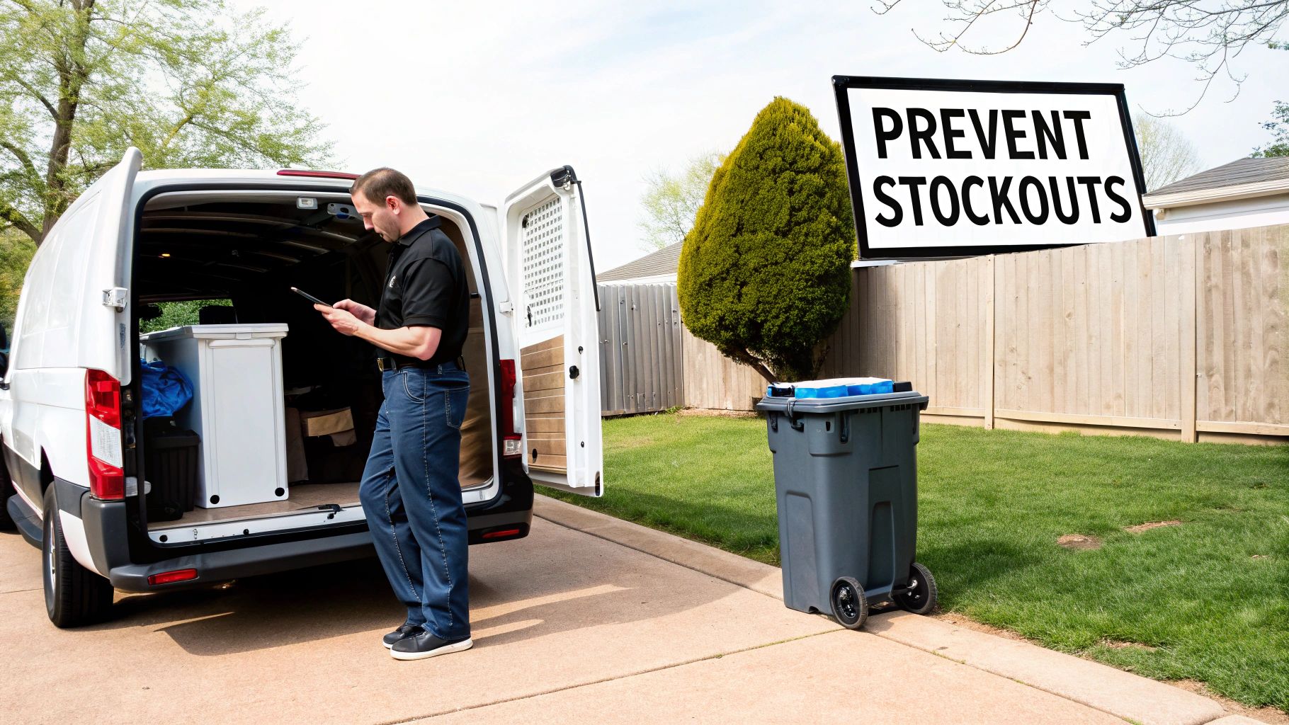 A man checks inventory on a tablet at the back of a delivery van, with a 'PREVENT STOCKOUTS' sign.