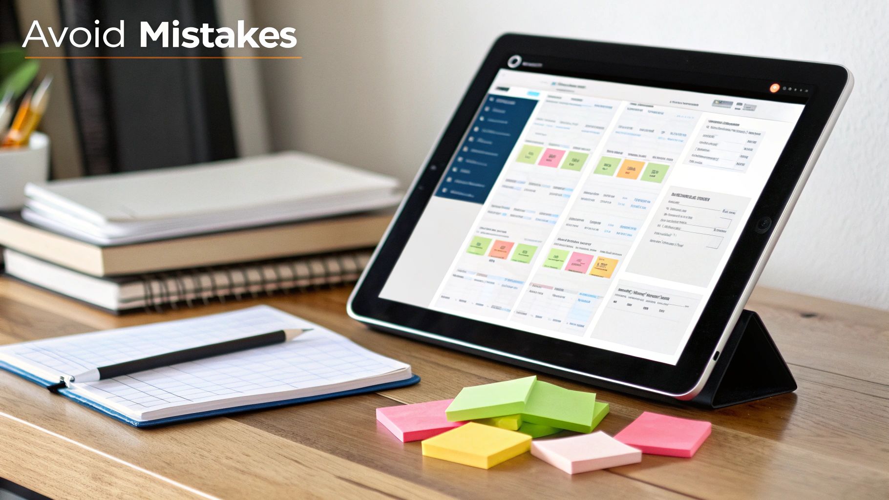 A tablet displaying HVAC dispatching software on a desk, next to notebooks, a pencil, and sticky notes.