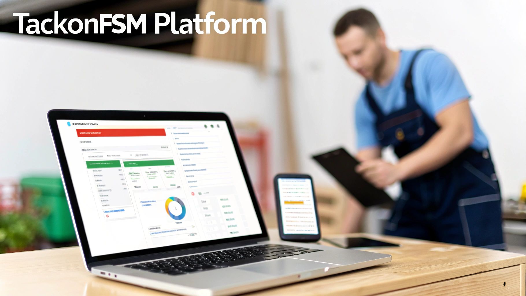 A laptop and smartphone display TackonFSM platform dashboard with a field service worker in the background.