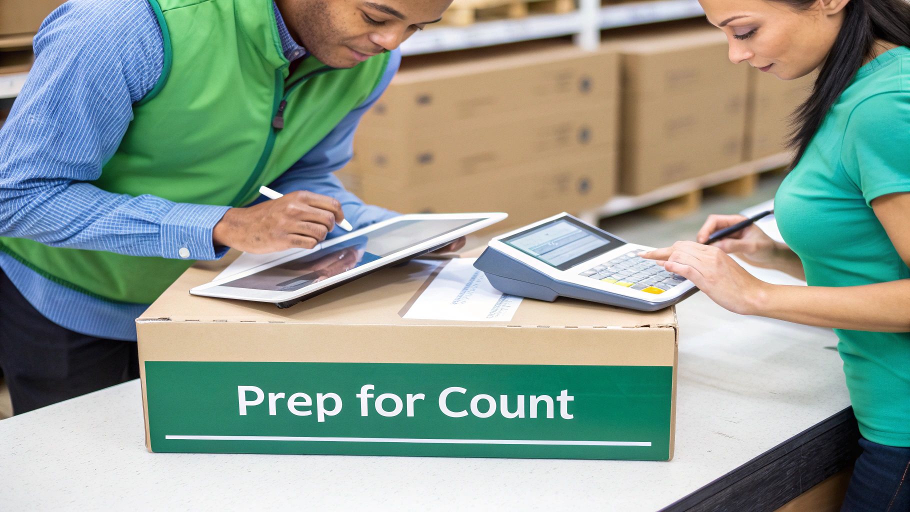 Two warehouse workers prepare for an inventory count, using a tablet and a calculator on a box.