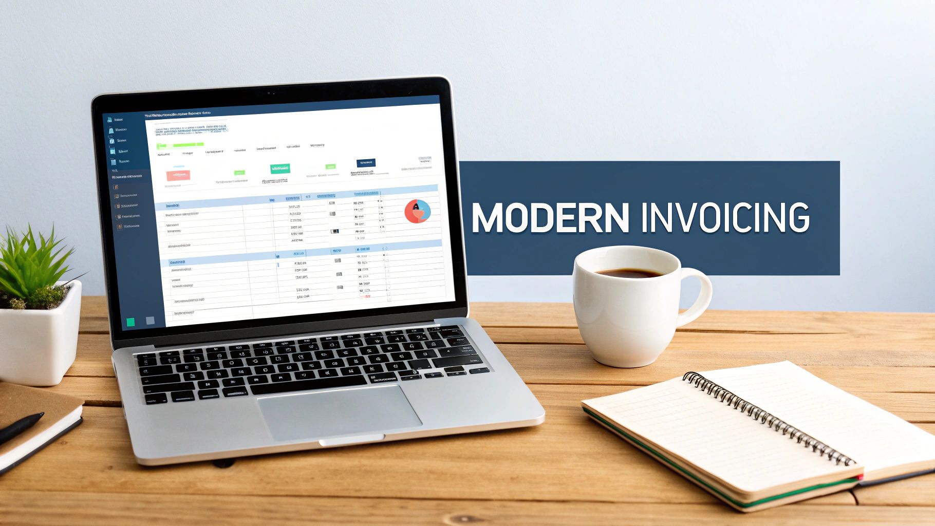 A laptop displaying modern invoicing software on a wooden desk with coffee and a notebook, promoting efficient billing.