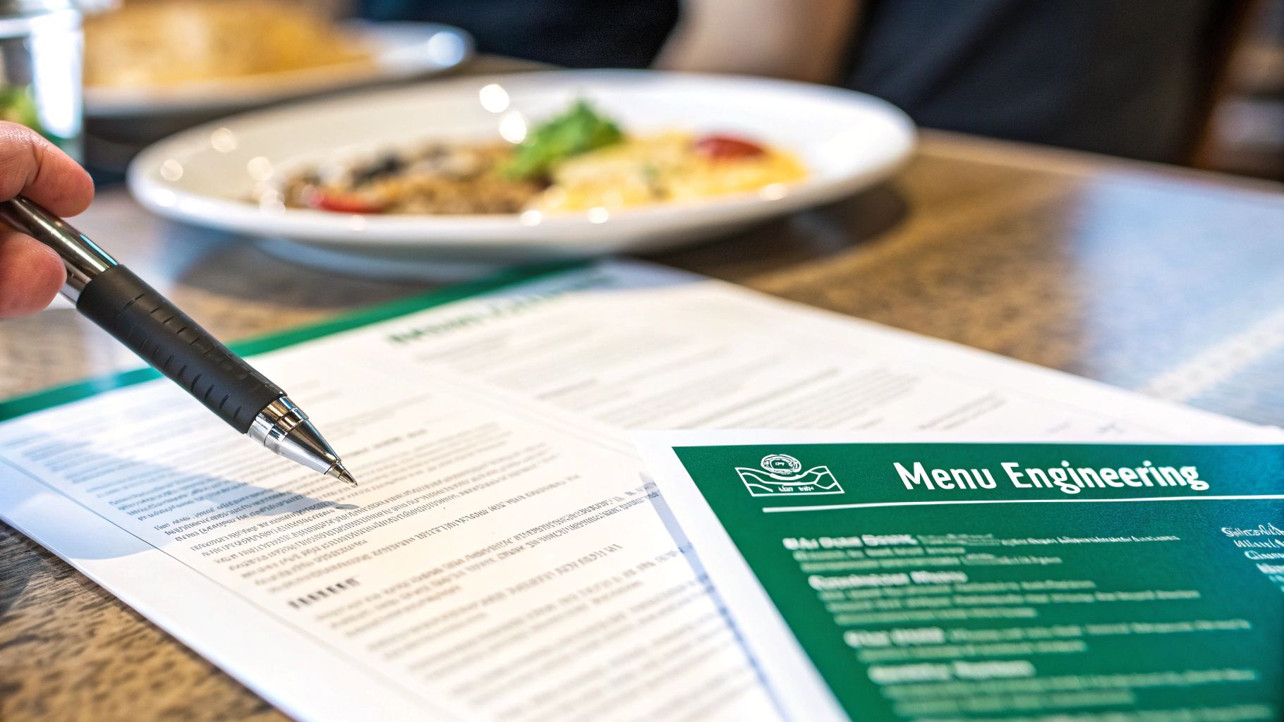 A hand with a pen reviews documents, including a 'Menu Engineering' paper, with food blurred in the background.