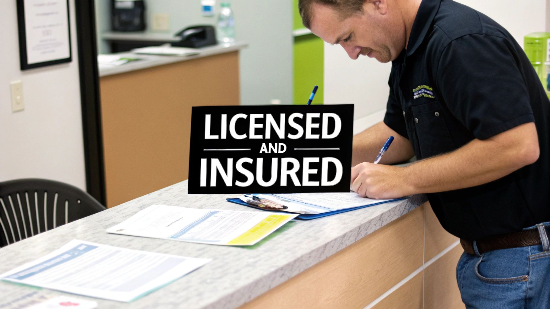Best Field Management Software Tackon FSM in How to Start a Plumbing Business That Succeeds 3 A man in a black shirt signs documents on a counter, with a 'LICENSED AND INSURED' sign.