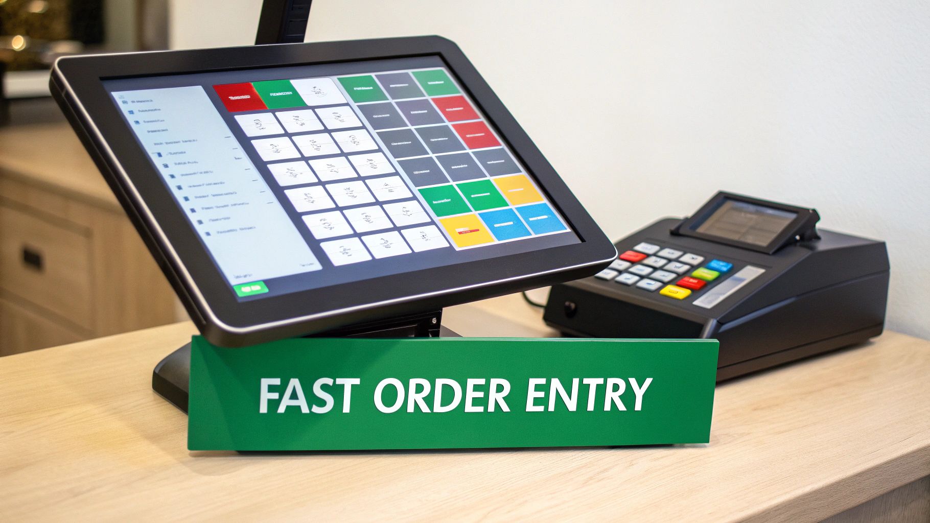 Modern touchscreen POS system with colorful interface and card reader for quick service restaurants