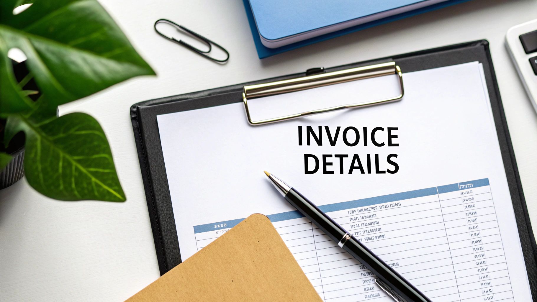 Invoice details document on a clipboard with a pen, green plant, and office supplies on a white desk.