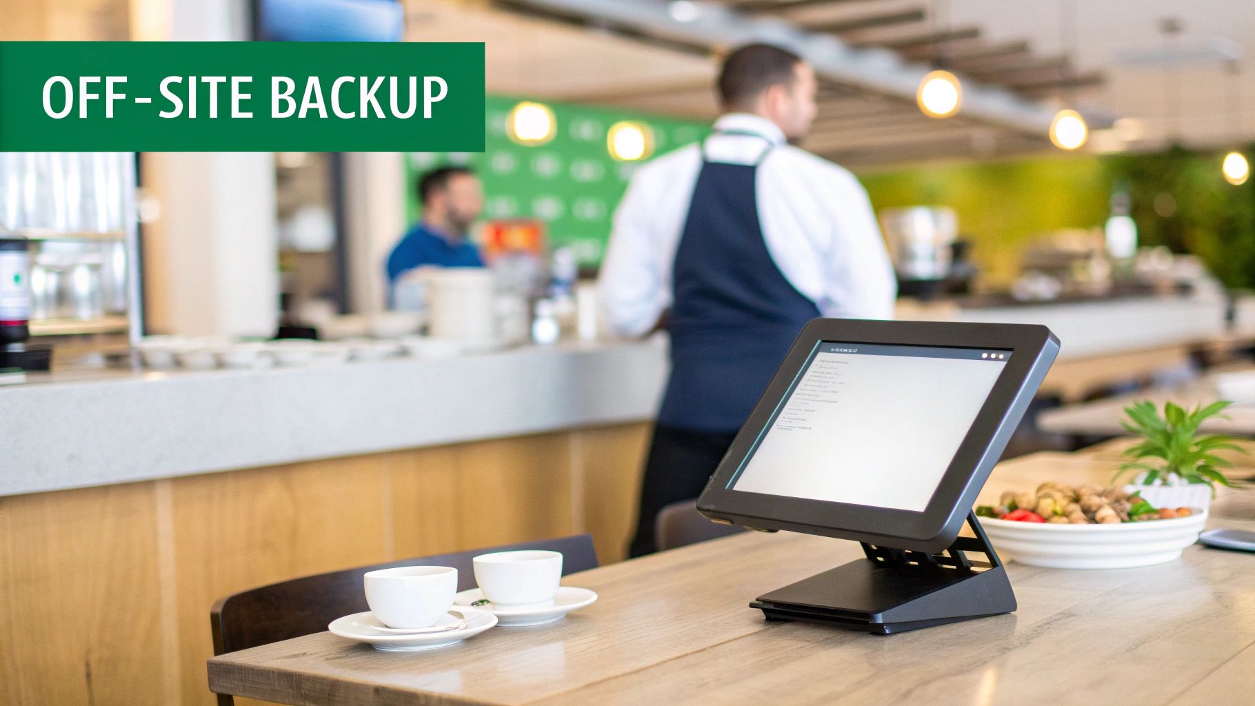 Modern cafe interior with a POS system, coffee cups, and staff, emphasizing off-site backup.