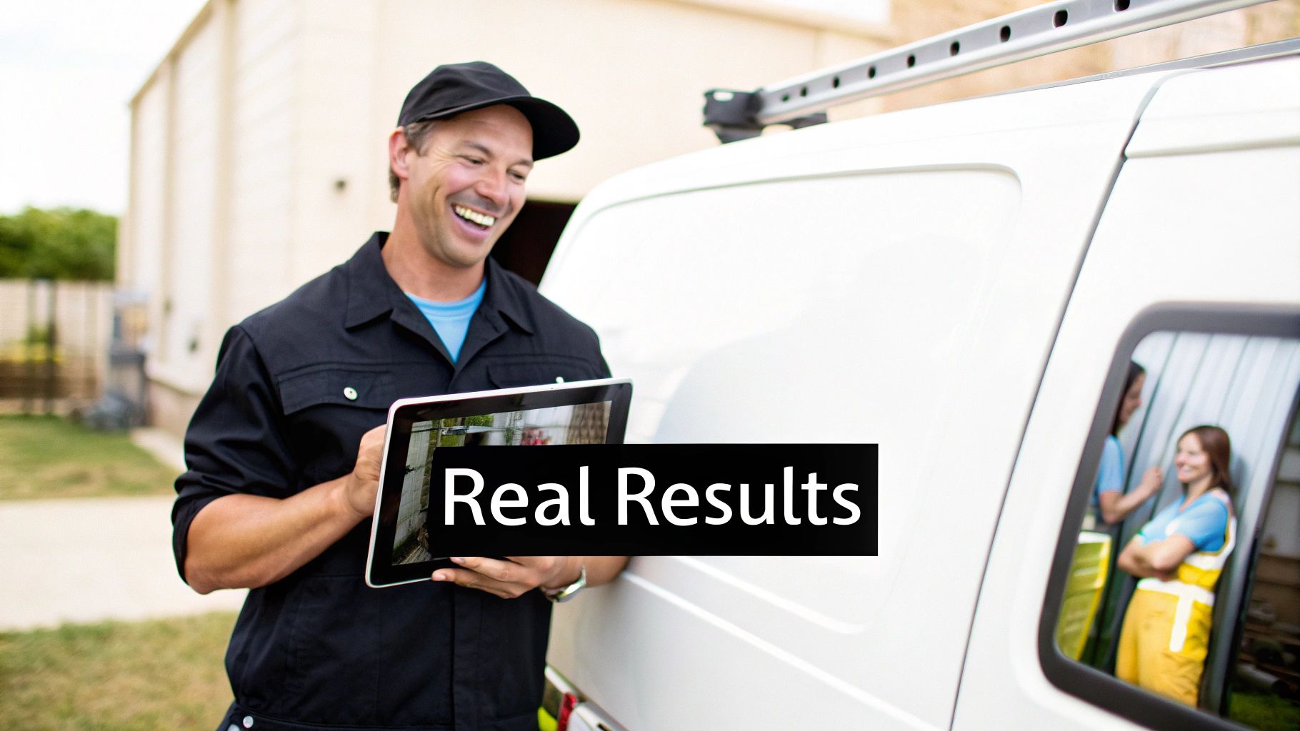 A smiling male HVAC technician in uniform holds a tablet near a service van, demonstrating "Real Results."