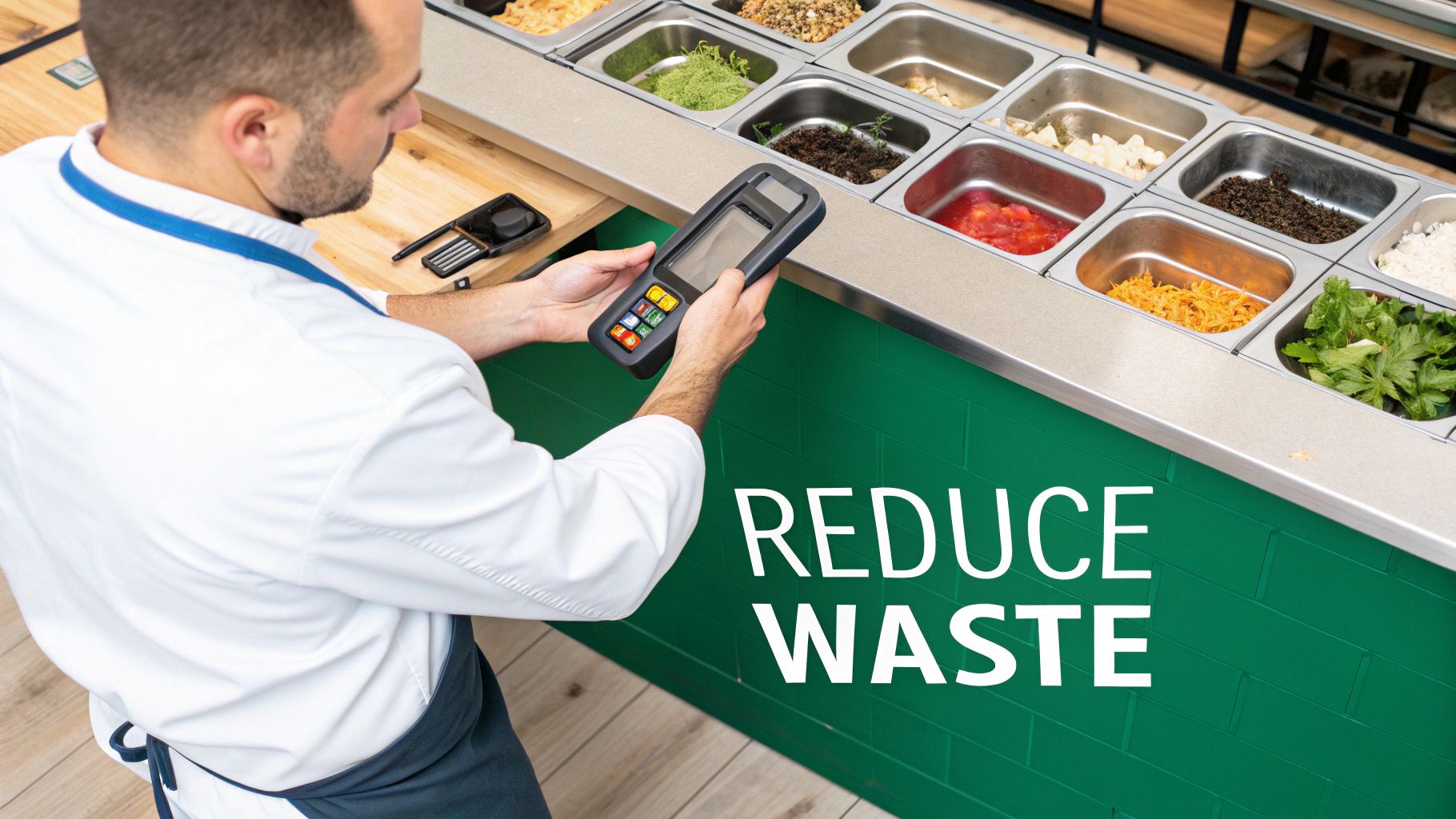 A man uses a handheld device at a food service counter with various ingredients and a 'reduce waste' sign.