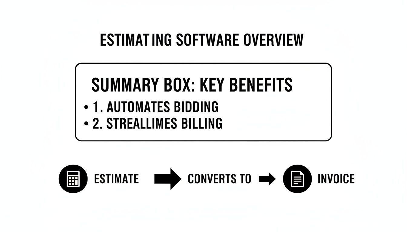 Estimating software overview with key benefits: automates bidding, streamlines billing, and converts estimates to invoices.