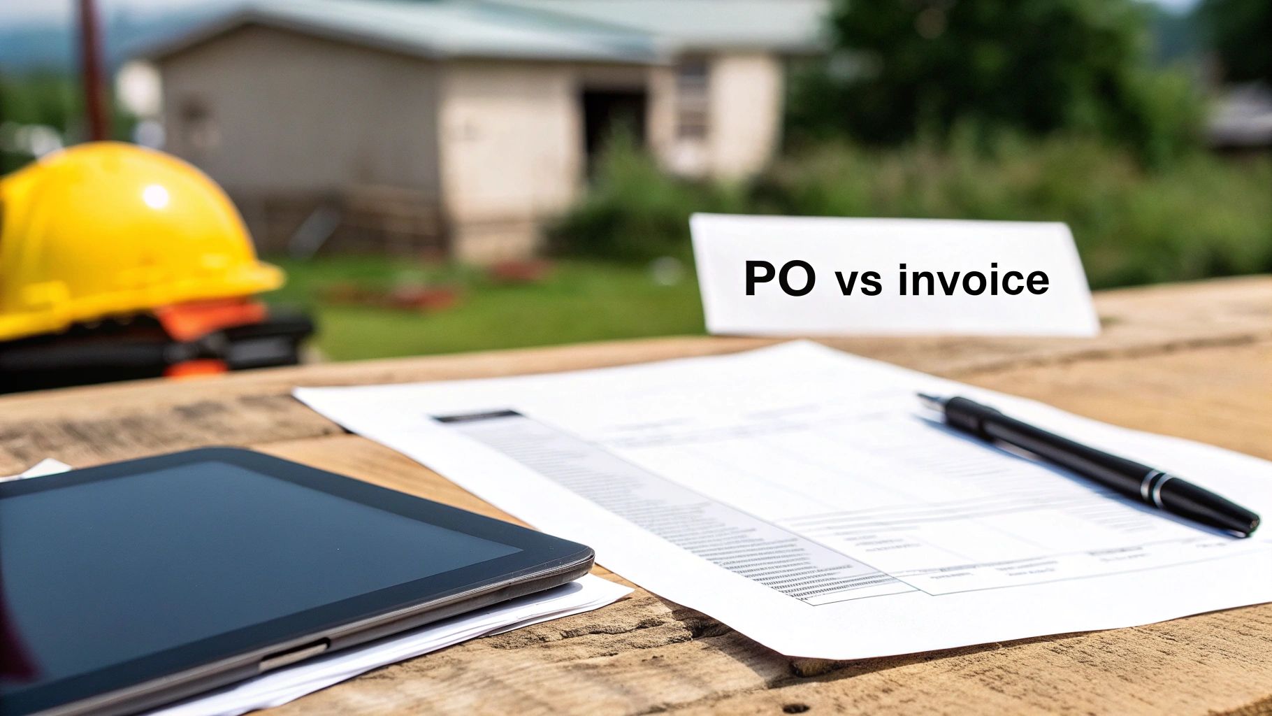 A table with a PO vs invoice sign, tablet, document, pen, and yellow hard hat.