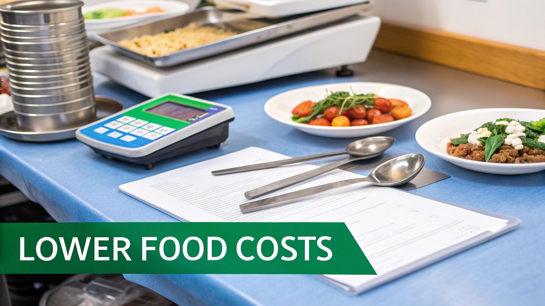A kitchen counter with prepared meals, a food scale, documents, and a calculator, indicating food cost management.
