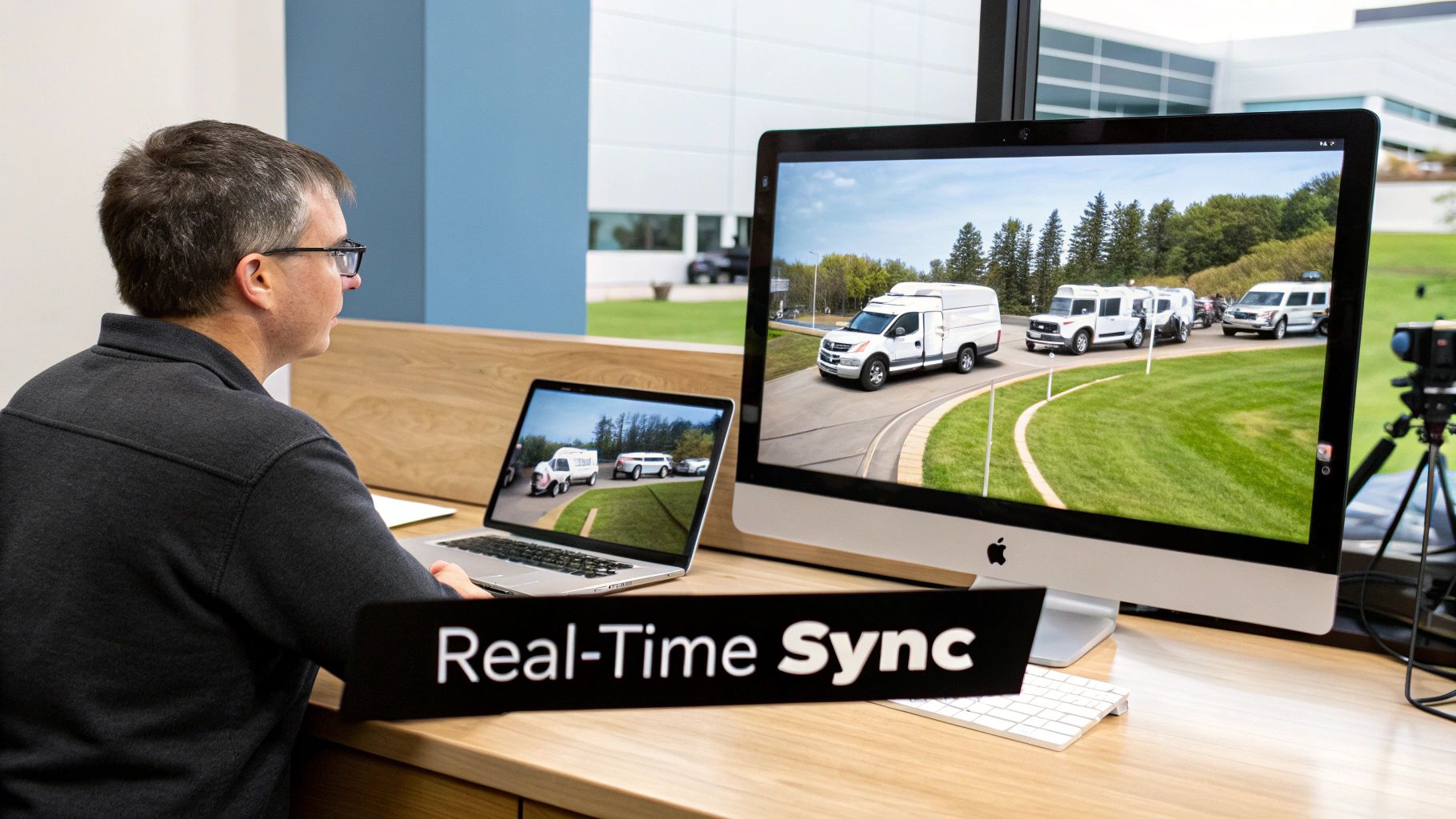 A man views multiple white vans on two synchronized screens displaying real-time video footage.