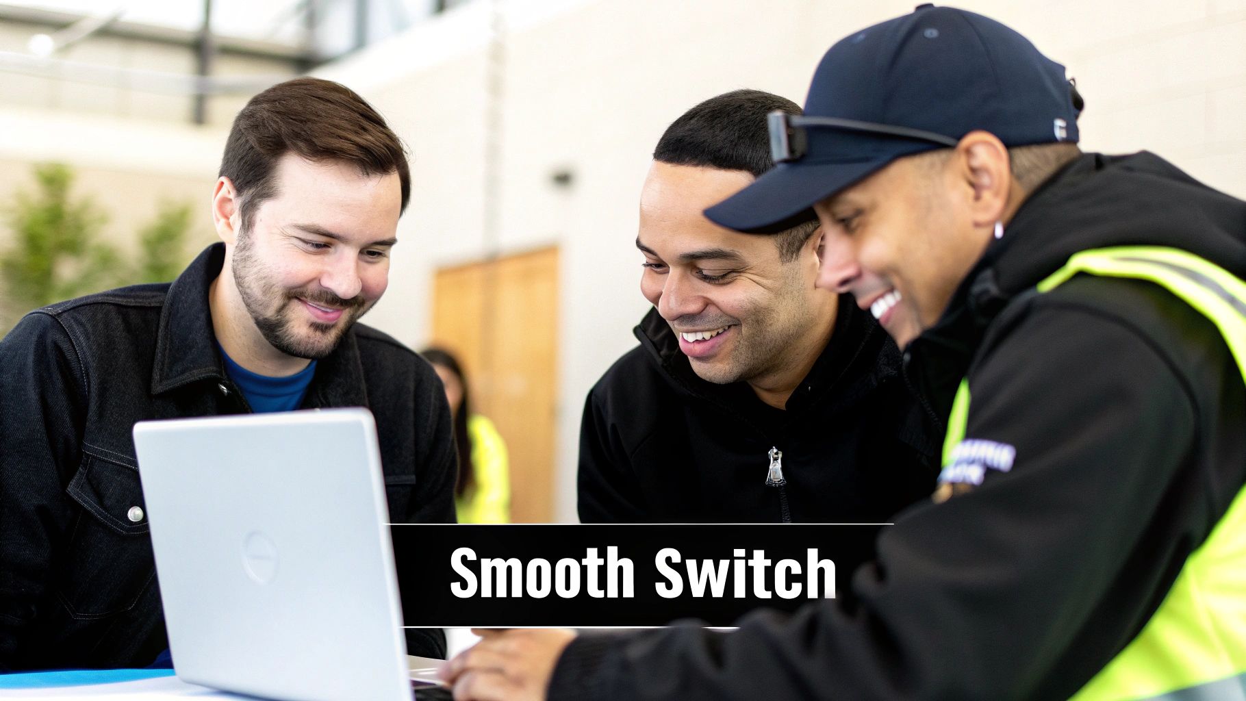 Three diverse men smiling while looking at a laptop, engaged in a discussion or collaborative work.