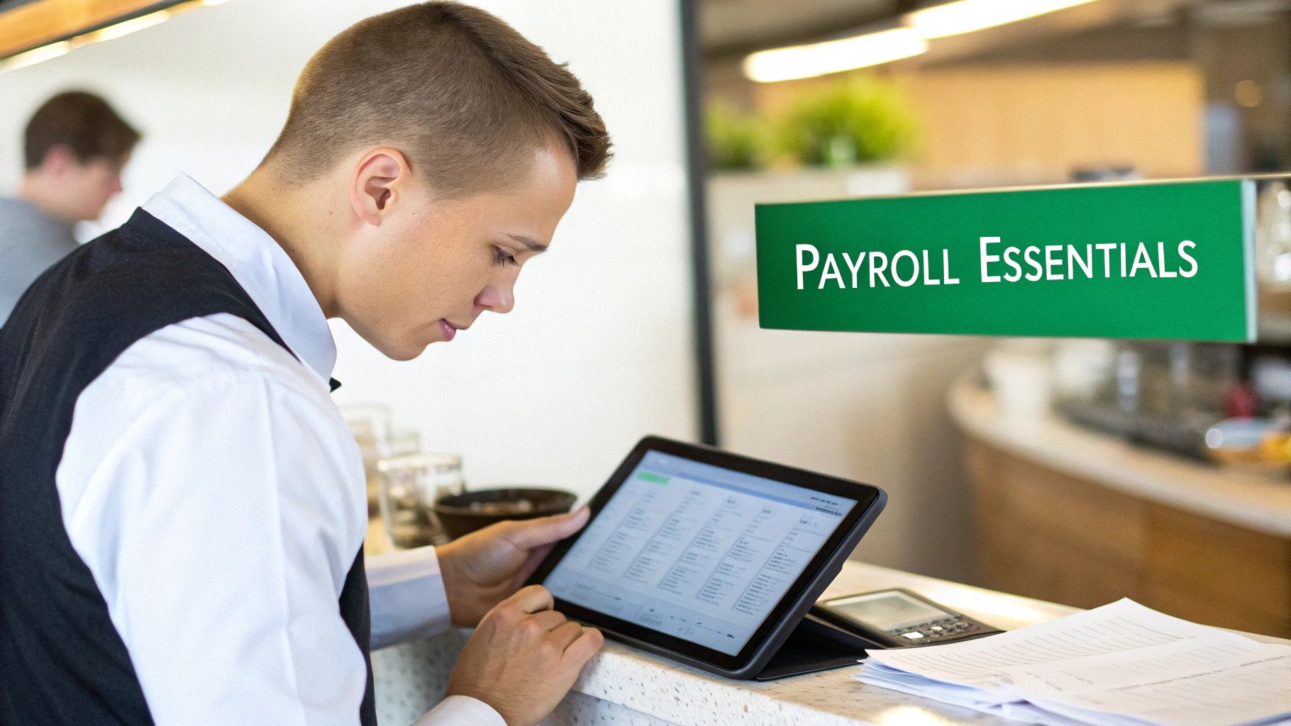 A young man, likely a small business owner, manages payroll essentials on a tablet at a counter.