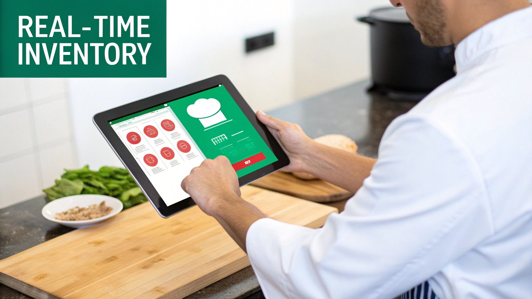 Chef using tablet with real-time inventory management software in commercial kitchen