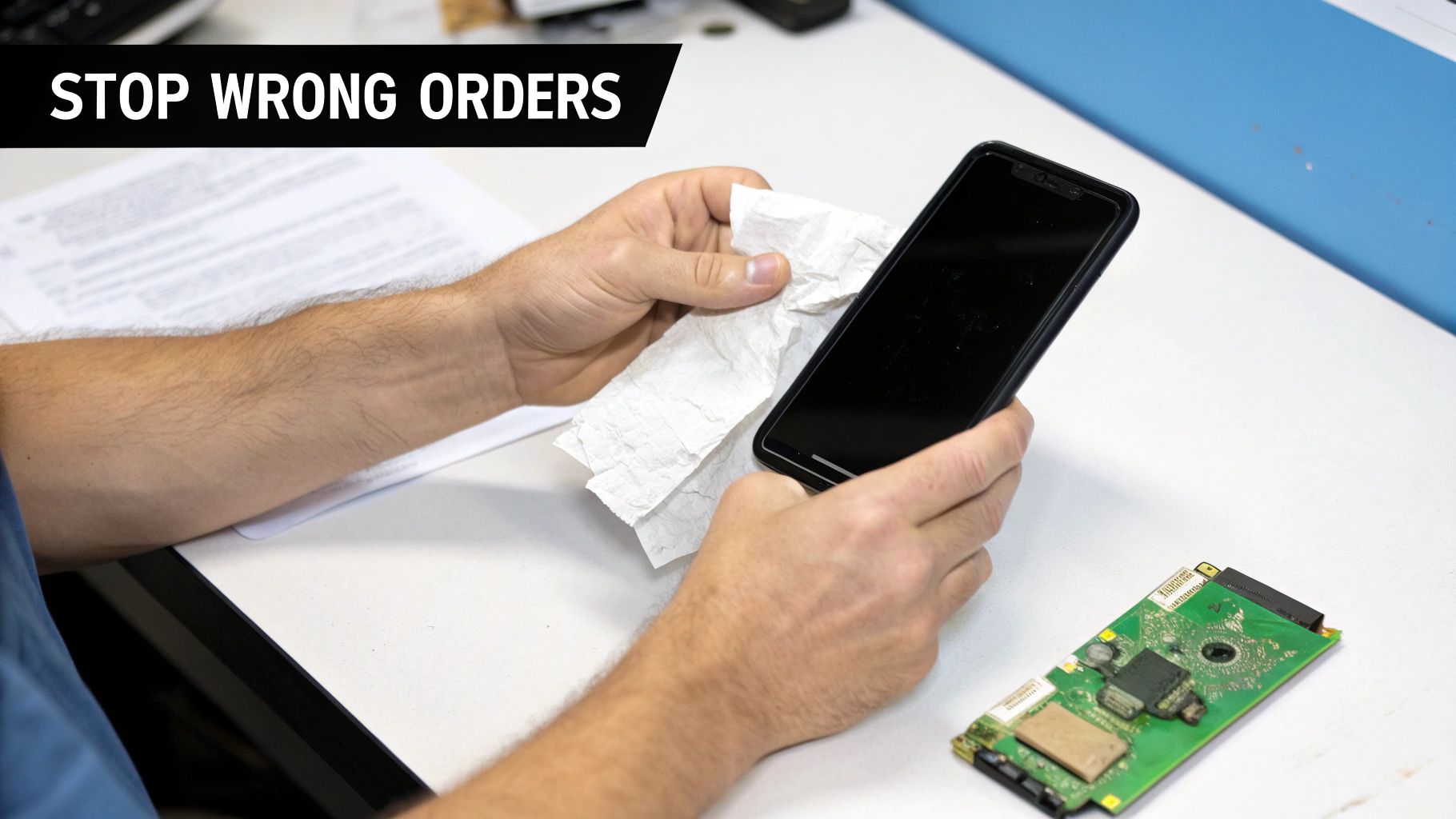 Hands cleaning a black smartphone with a tissue next to a circuit board, with 'STOP WRONG ORDERS' banner.