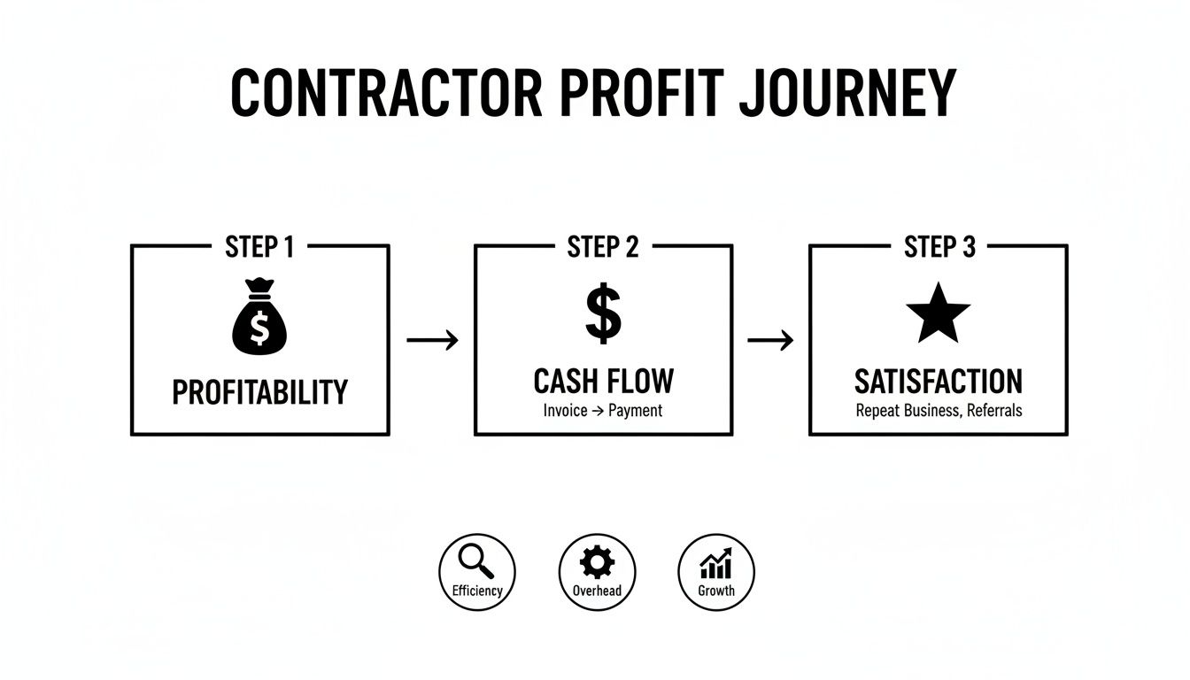 A contractor profit journey diagram showing steps for profitability, cash flow, and client satisfaction.