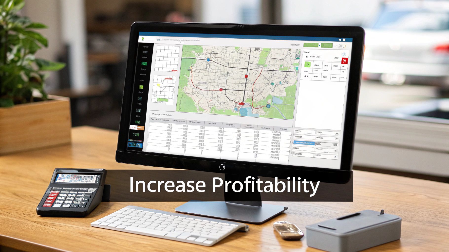 A computer monitor displays field service dispatch software with a map and data tables on a wooden desk with a calculator.
