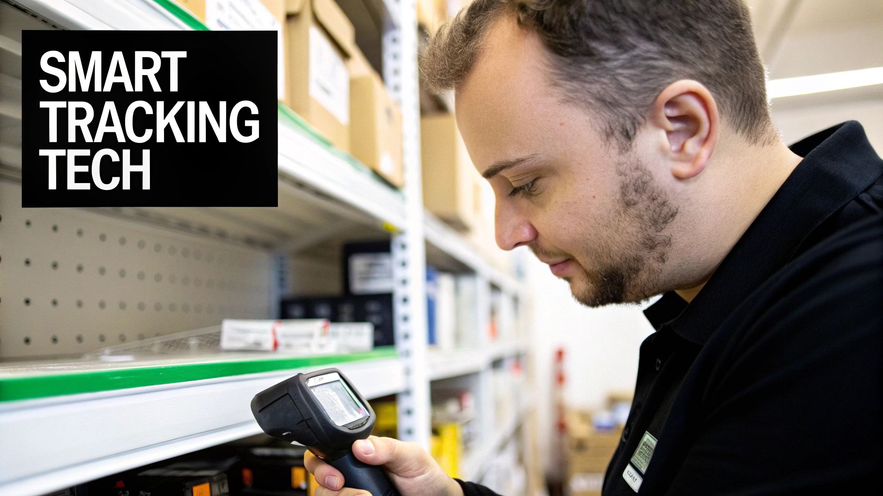 A man scans items on a store shelf with a handheld device, showcasing smart tracking tech.