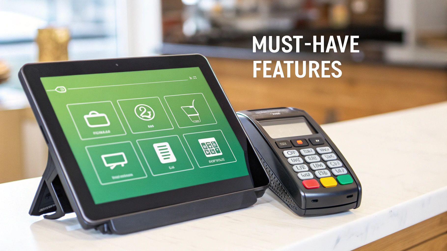 A modern point-of-sale (POS) tablet and a payment terminal on a white counter.