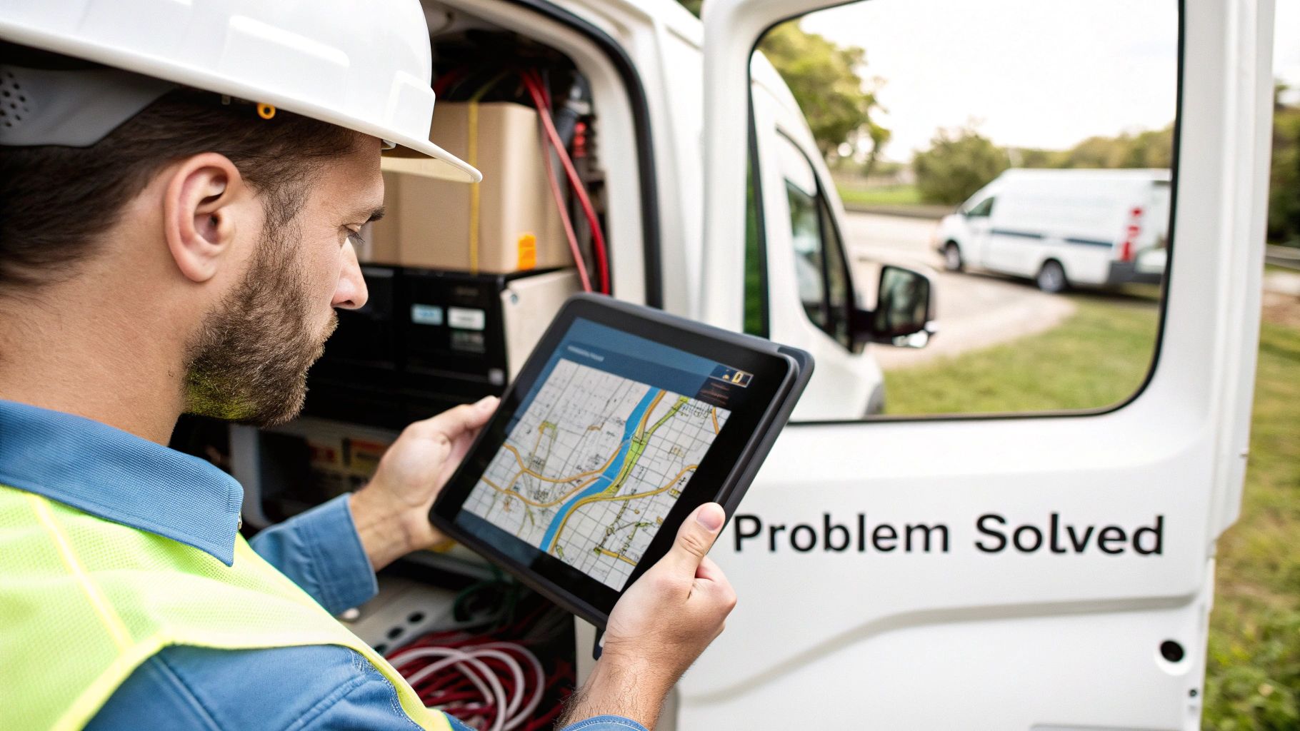 Best Field Management Software Tackon FSM in The Ultimate Guide to Electrical Contractor Scheduling Software 4 A technician in a hard hat and safety vest uses a tablet with a map inside a service van, indicating field work.