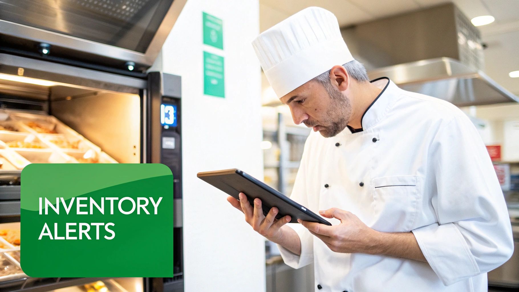 A chef reviews inventory alerts on a tablet in a professional kitchen.