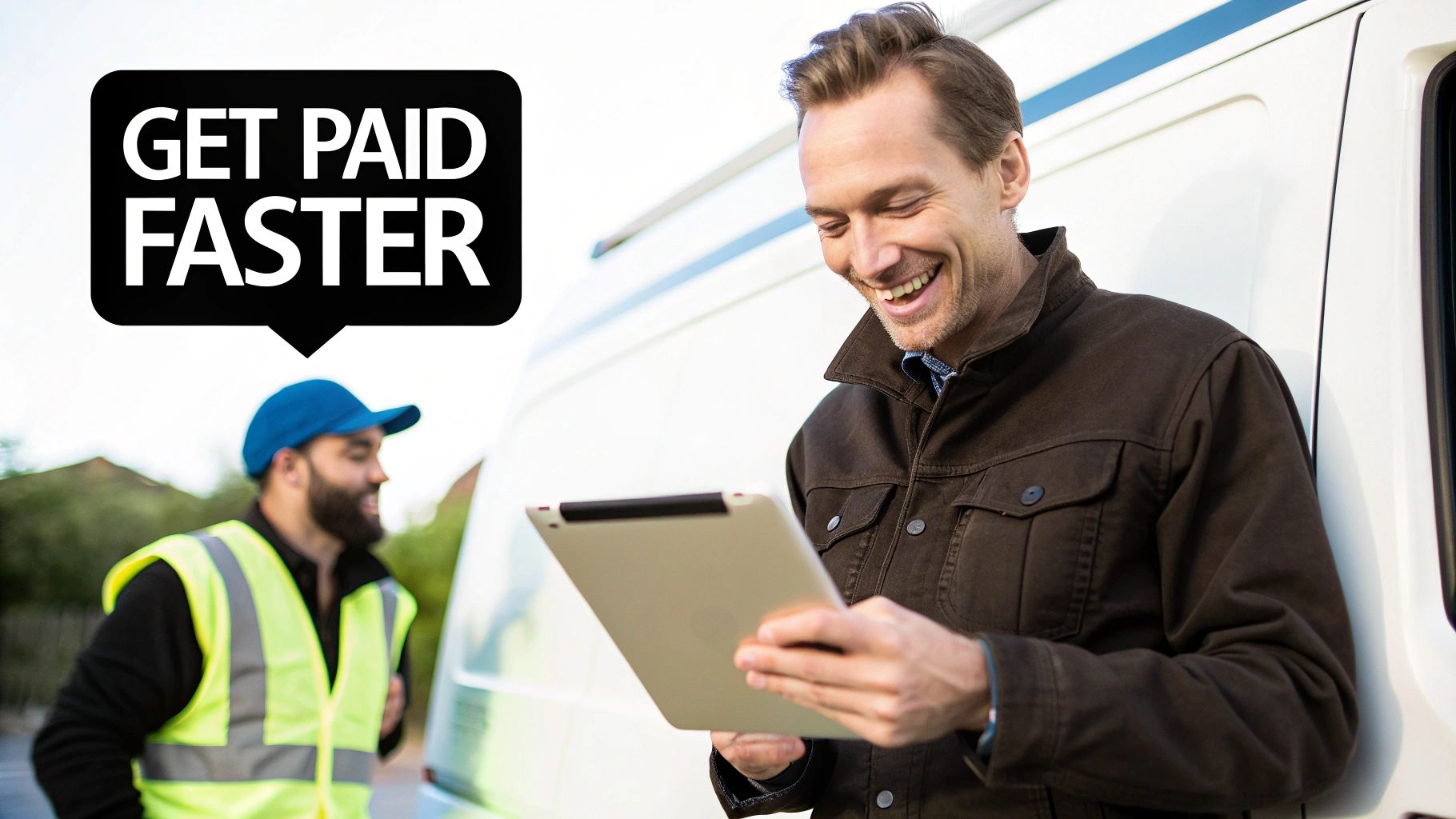 Smiling man in a brown jacket looks at a tablet, with a 'GET PAID FASTER' speech bubble.