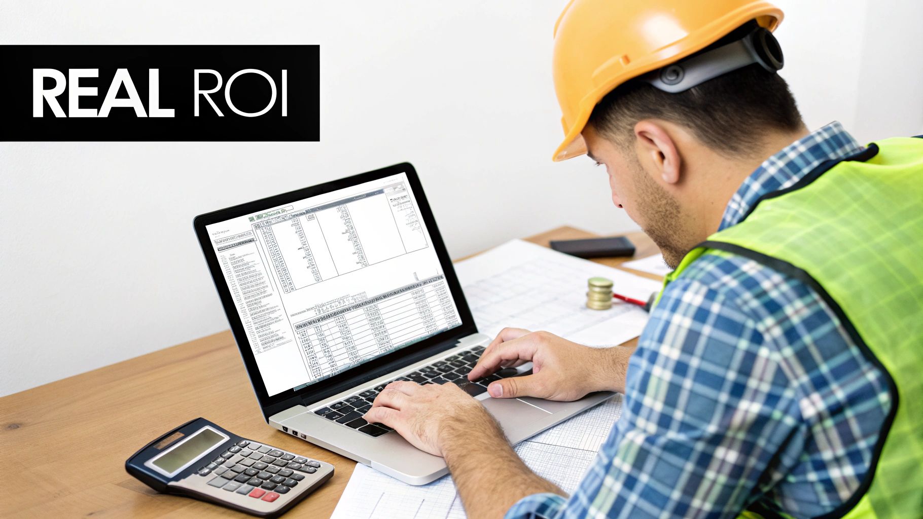 Construction worker in a hard hat and vest calculating ROI on a laptop at a desk.