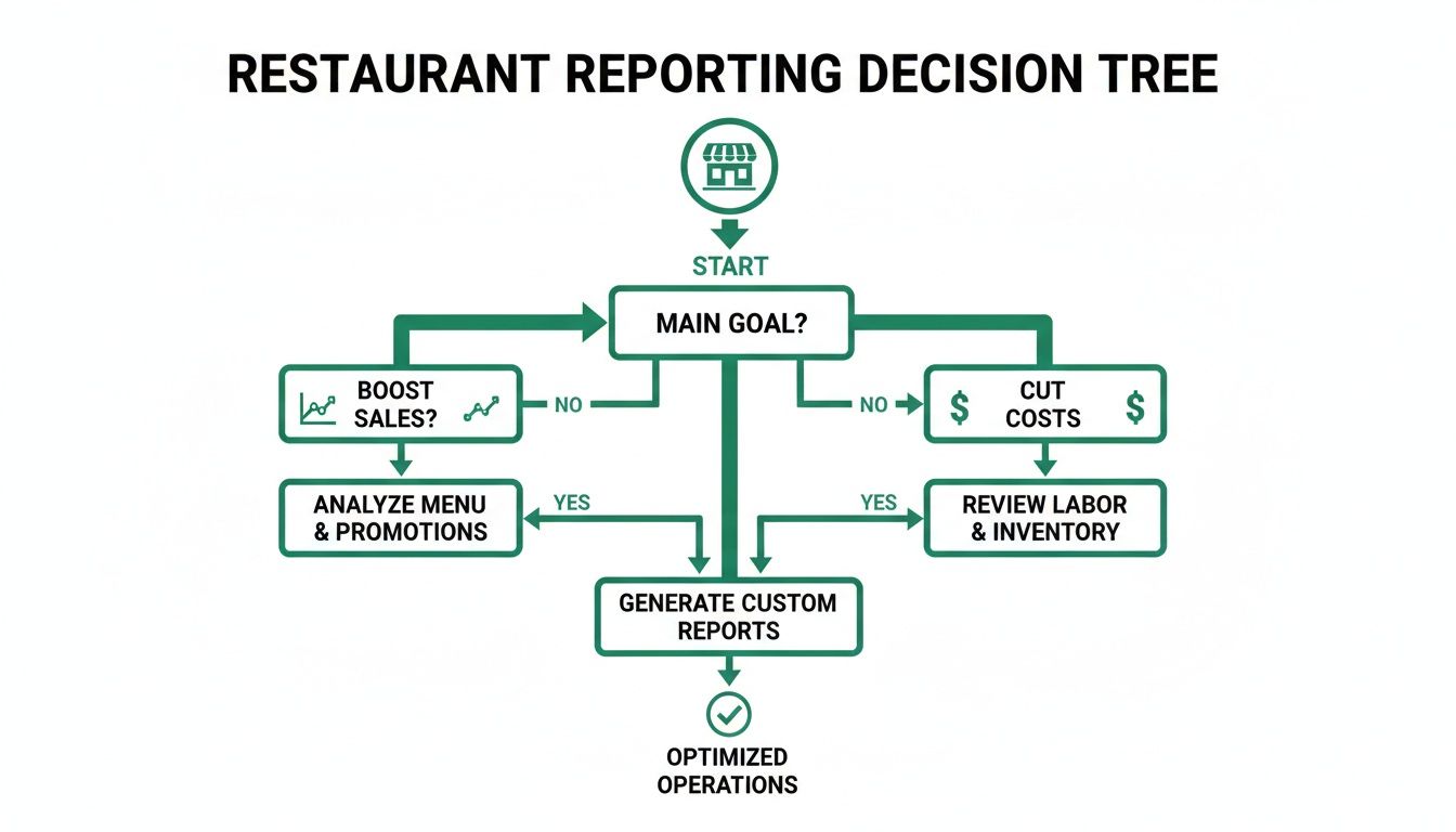 A restaurant reporting decision tree showing paths to boost sales, cut costs, and optimize operations.
