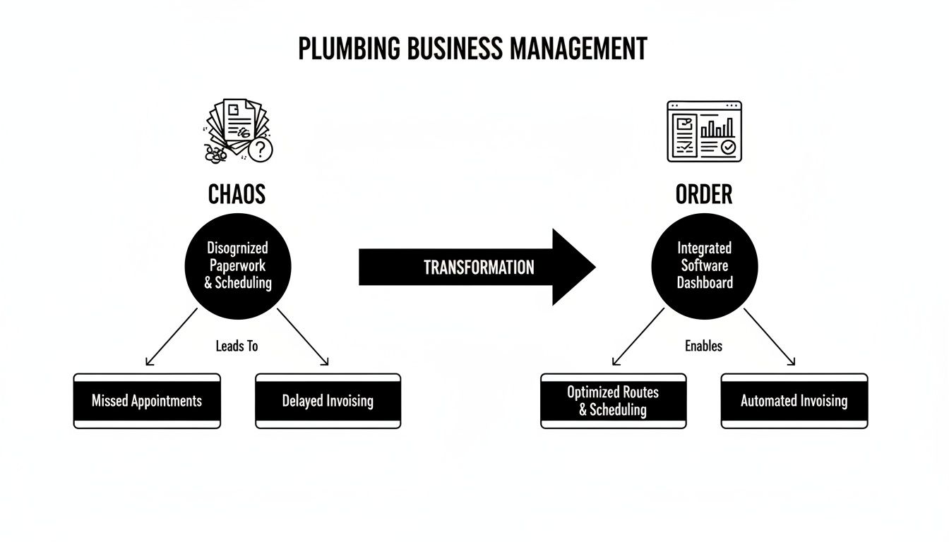 Flowchart illustrating plumbing business management transformation from disorganization to integrated software dashboard.