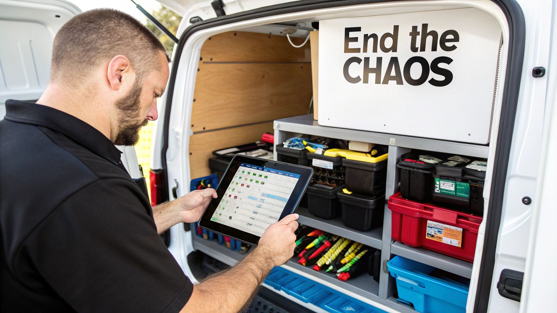 Best Field Management Software Tackon FSM in A Guide to Electrical Contractor Job Management Software 2 A field service technician uses a tablet inside an organized work van with tools.