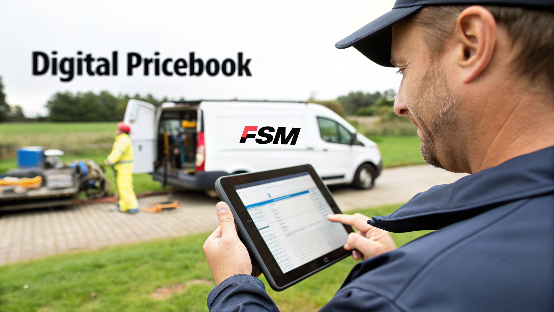 A technician using a tablet with a 'Digital Pricebook' application, standing near a service van and colleague.
