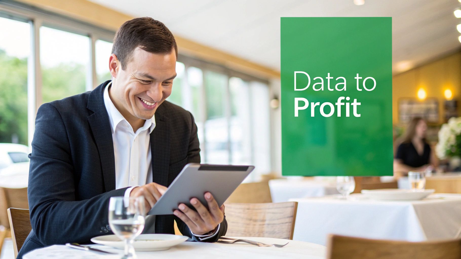Business professional smiling while using tablet at restaurant table with data to profit sign