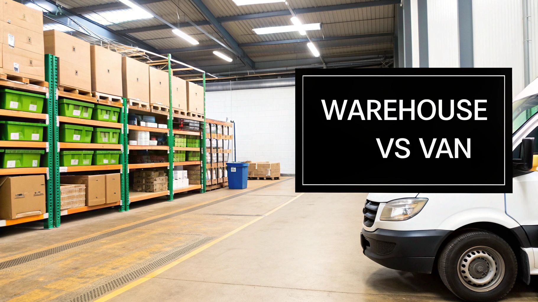 A warehouse interior with shelves of boxes and bins, a white van, and a 'WAREHOUSE VS VAN' text overlay.