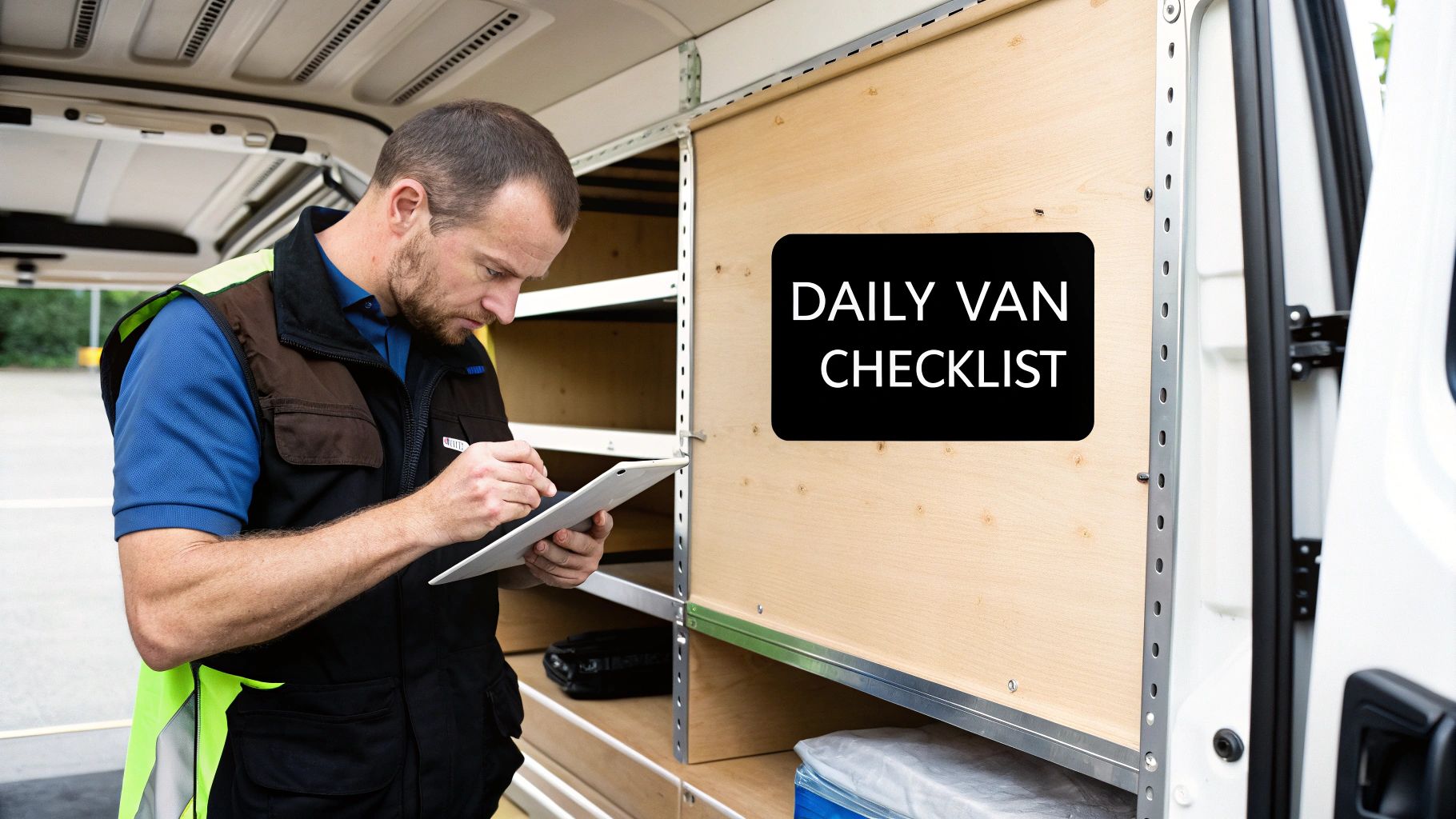 A delivery driver performs a daily van checklist on a tablet, ensuring readiness for service.