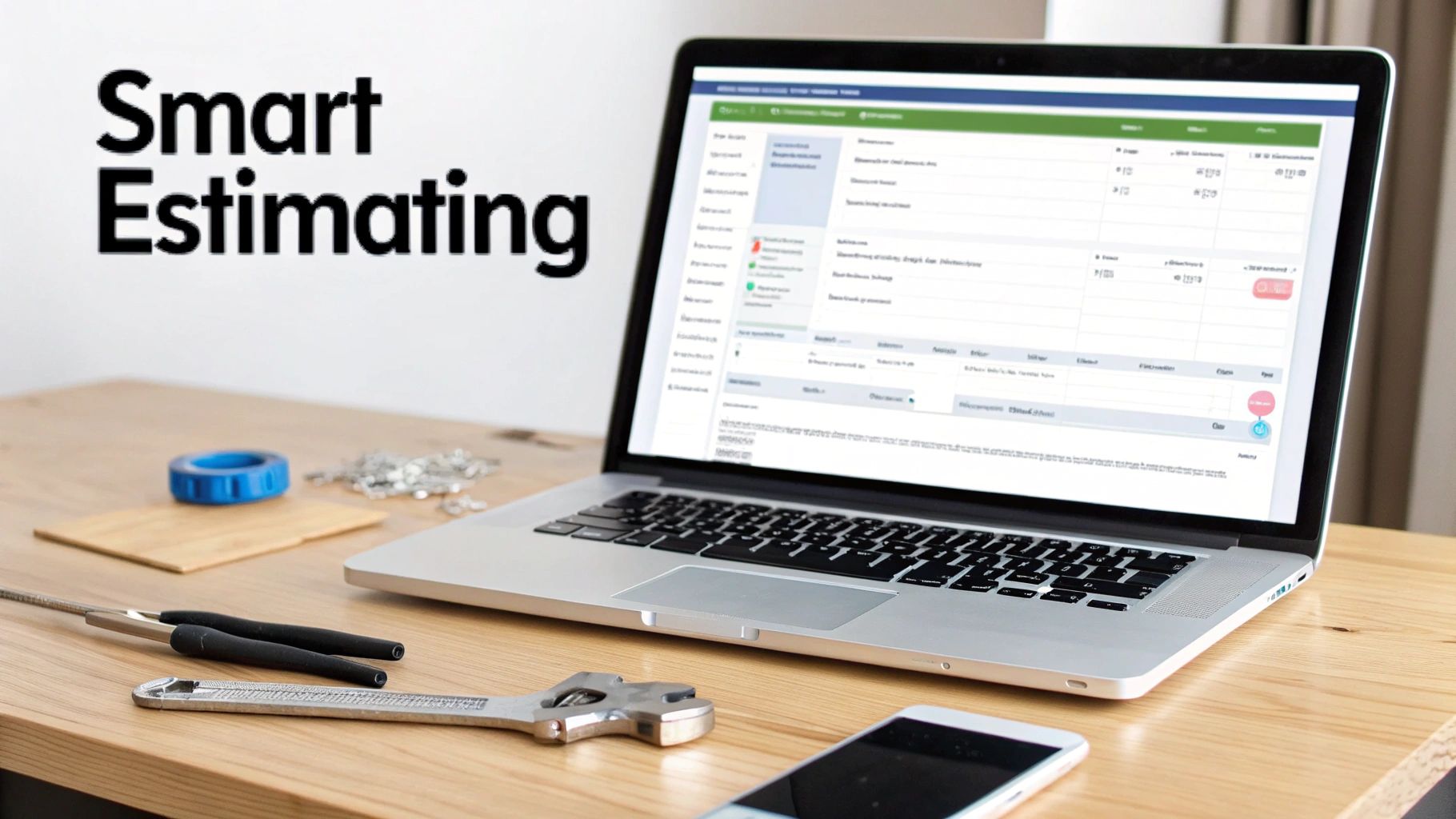 Laptop displaying smart estimating software on a wooden desk with various tools and a smartphone.