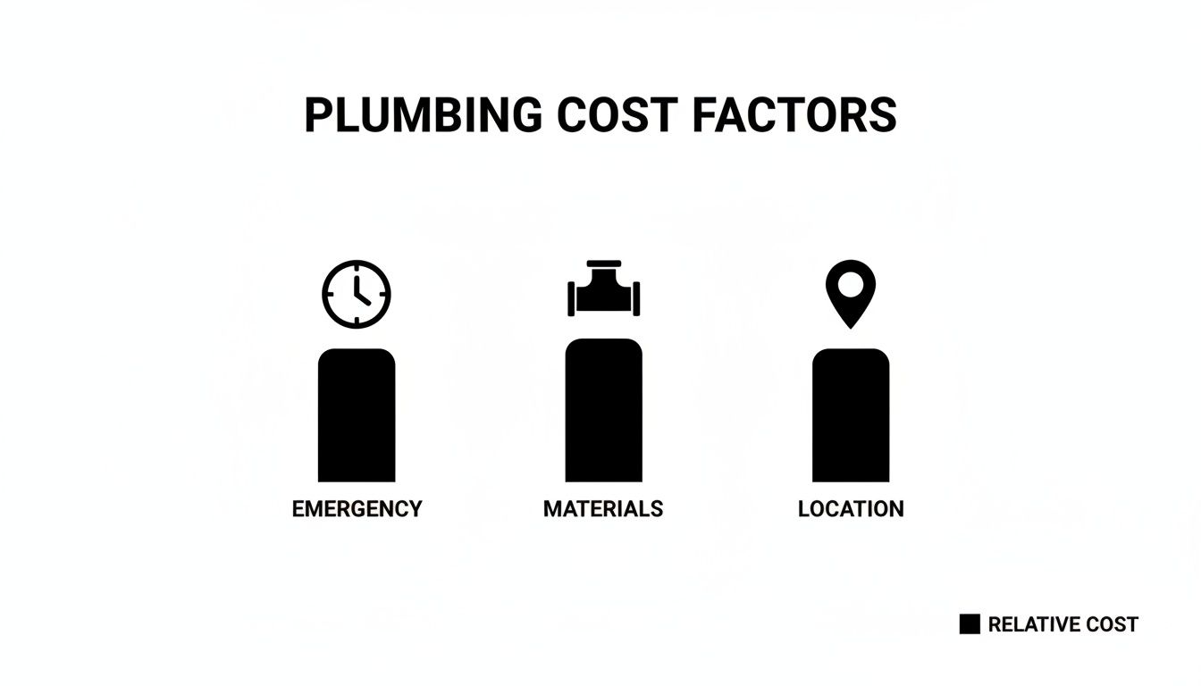 Infographic showing three factors influencing plumbing costs: emergency, materials, and location.