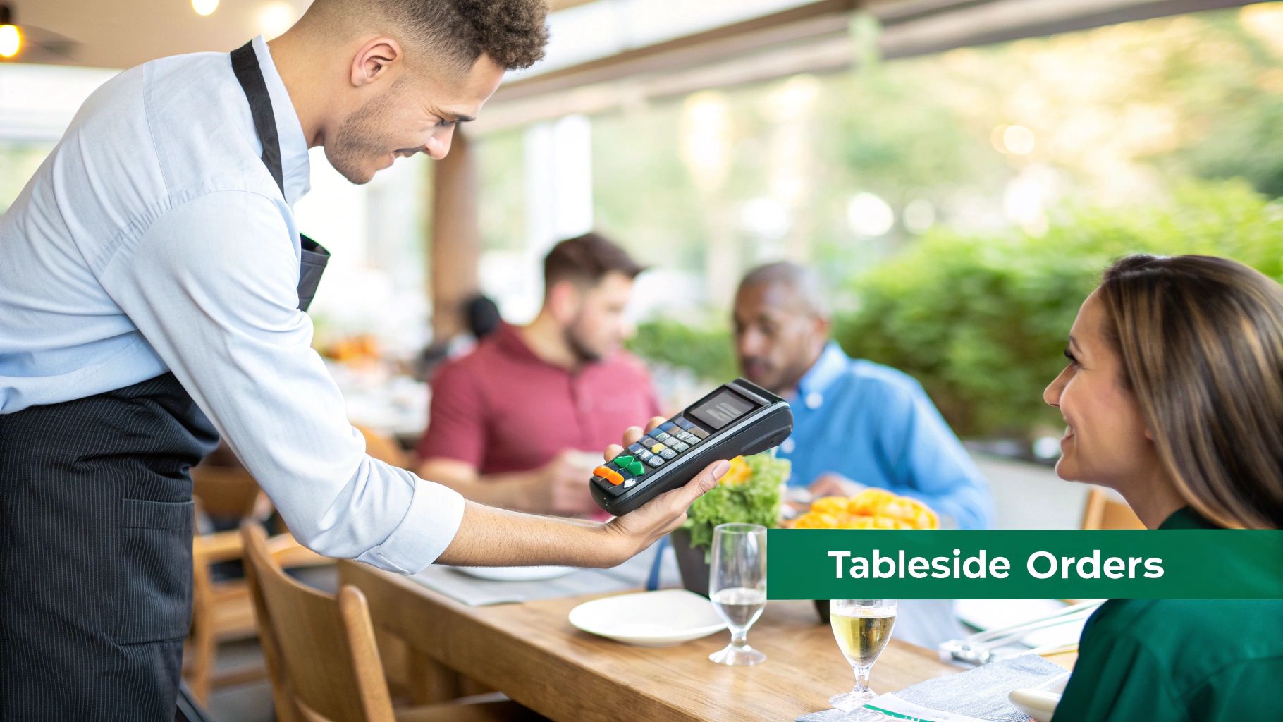 A waiter holds a handheld POS system to a smiling customer for tableside ordering in a restaurant.