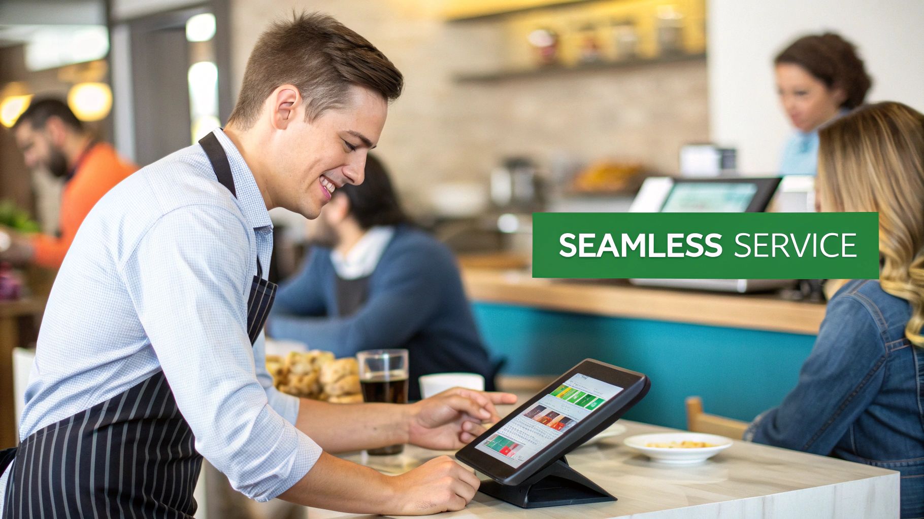 Smiling waiter uses a mobile tablet POS system to take an order from a customer in a restaurant.