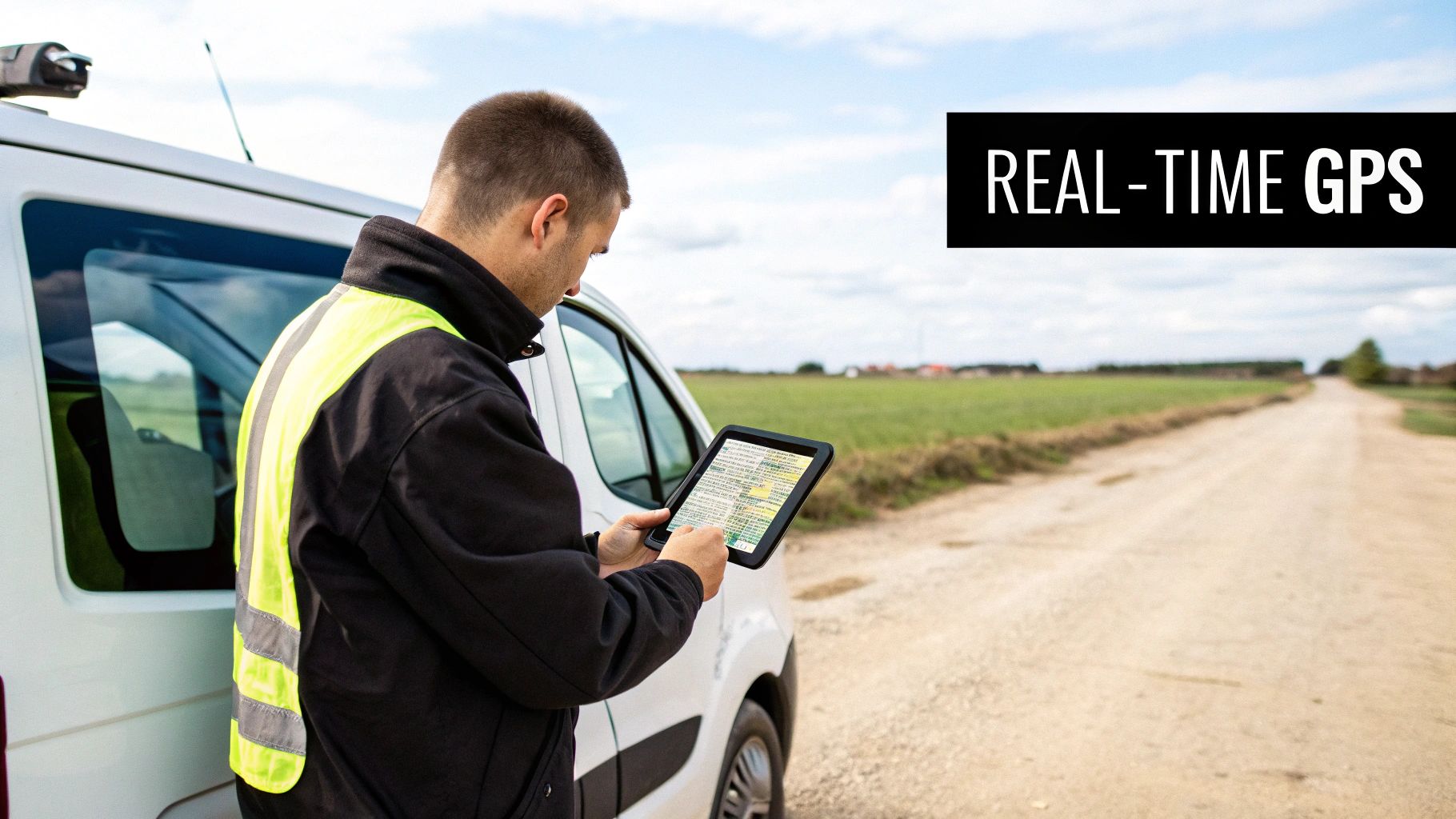 Best Field Management Software Tackon FSM in 10 Field Service Management Best Practices for Trades in 2025 2 A technician in a high-visibility jacket uses a tablet for real-time GPS next to a service van.