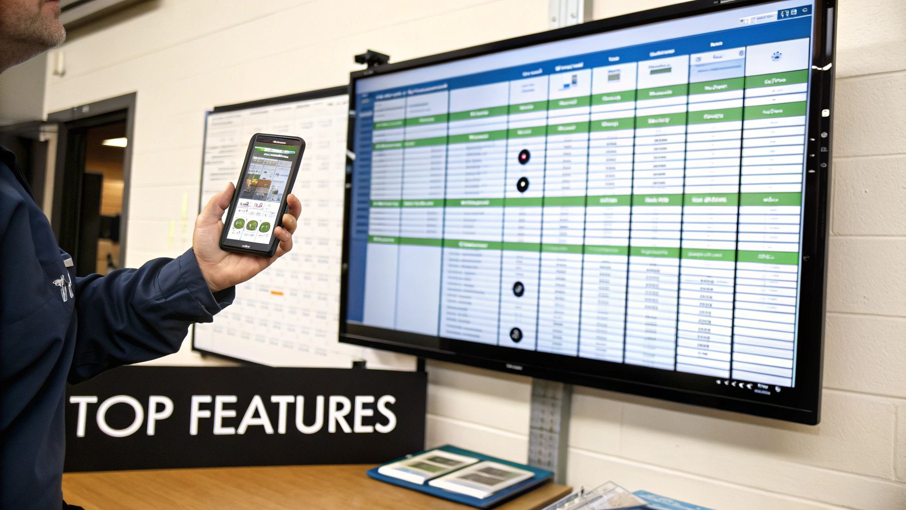 Best Field Management Software Tackon FSM in The Ultimate Guide to Electrical Contractor Scheduling Software 3 A person holds a smartphone showing a scheduling app while a large monitor displays detailed work schedules.