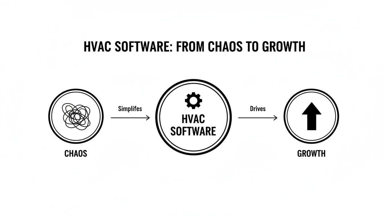 Best Field Management Software Tackon FSM in A Complete Guide to HVAC Service Business Software 2 Flowchart showing HVAC software simplifying chaos and driving business growth with icons and arrows.