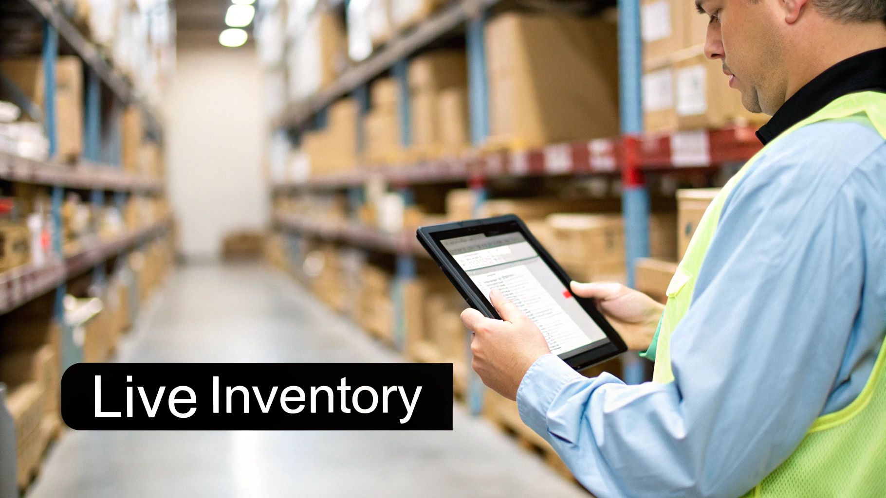 Best Field Management Software Tackon FSM in A Guide to Small Business Inventory Management Software for Trades 3 A man in a warehouse uses a tablet to check live inventory on shelves filled with boxes.